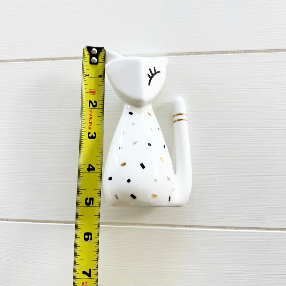 Cat Ring Holder Jewelry Organizer Ceramic Figurine White Metallic Speckle Fleck